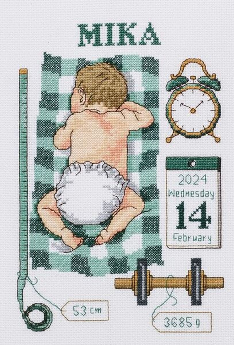 Fødselsbilde Mika korssting 21x30 cm grønntoner - broderipakke 